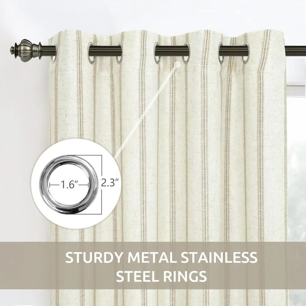 Set of 2 Panels, W52 x L36, Farmhouse Linen Curtains (Camel Beige Striped)